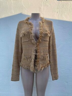 Lilly Pulitzer Camel Knit Cardigan with Faux Fur Trim